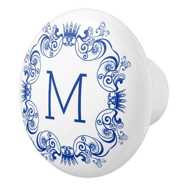 Monogramed Navy Blue Floral Orante Circle Grame Ceramic Knob (Right)