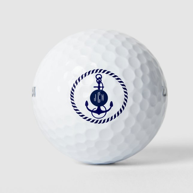 Monogramed Navy Blue Nautical Boat Anchor Golf Balls (Front)