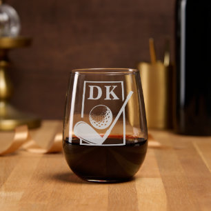 Monogramed Personalized Sports Golf Fan Etched Stemless Wine Glass
