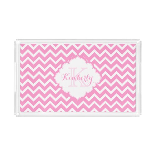 Monogramed Pink And White Zigzag Chevron Acrylic Tray