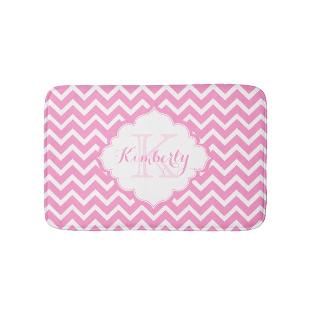 Monogramed Pink And White Zigzag Chevron Bathroom Mat (Front)