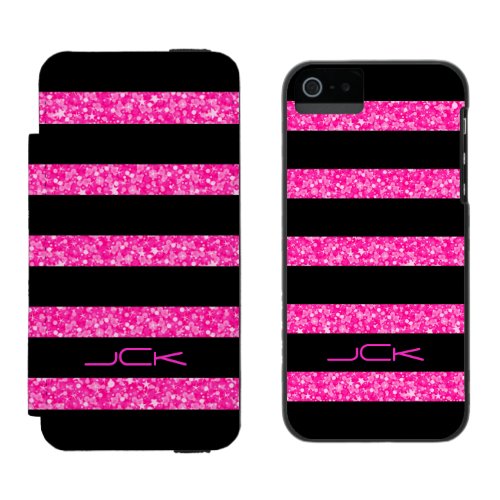 Monogramed Pink  Black Stripes Geometric Pattern Wallet Case For iPhone SE55s