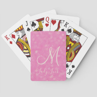 Monogramed Pink Glitter Bokeh Lady Luck Poker Cards
