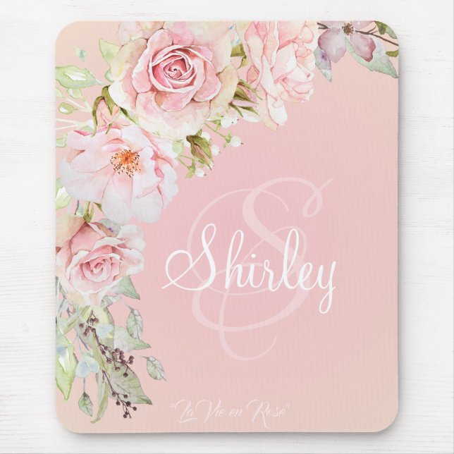 Monogramed Pink Roses “La Vie en Rose” Mouse Pad (Front)