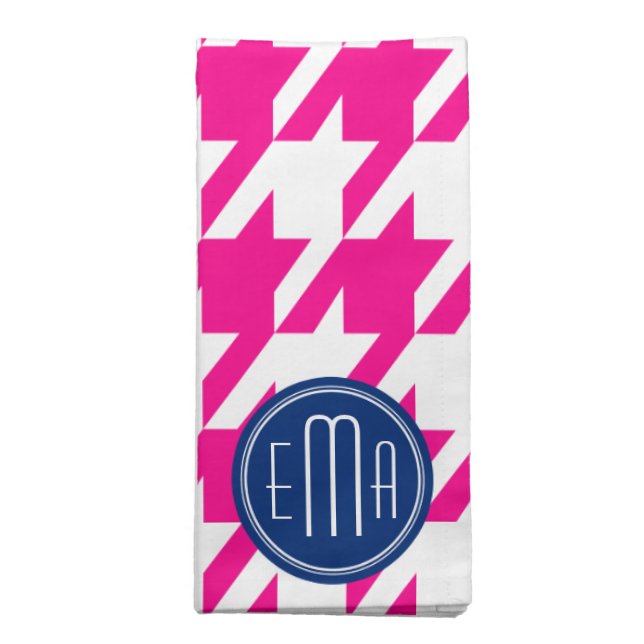 Monogramed Pink White & Royal Blue Houndstooth 2 Napkin (Folded)