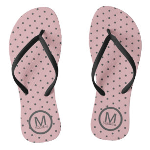 Monogramed Polka Dots Pink Gray Flip Flops