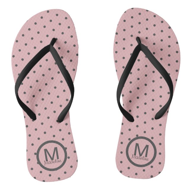 Monogramed Polka Dots Pink Gray Flip Flops (Footbed)