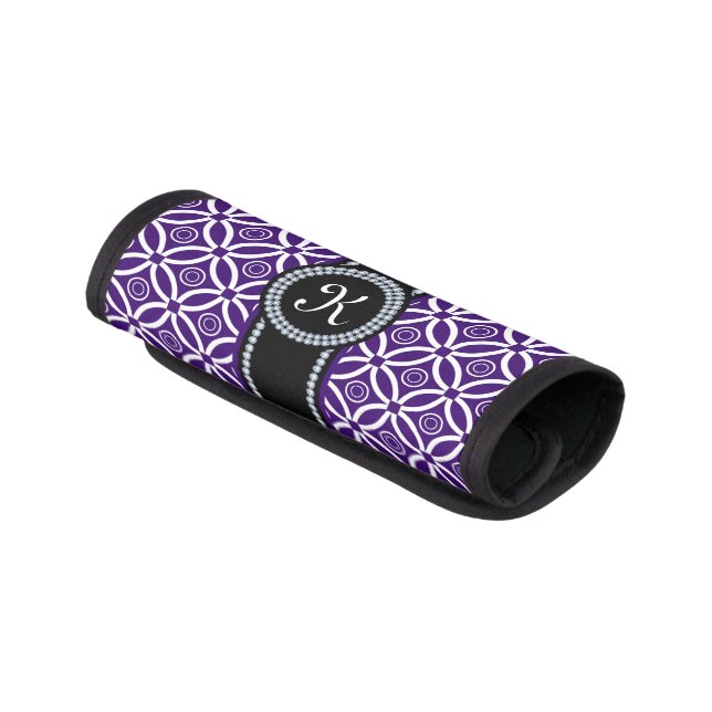 Monogramed Purple And White Geometric Pattern Luggage Handle Wrap (Angled)
