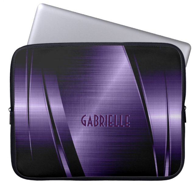 Monogramed Purple Metallic Brushed Aluminum Look Laptop Sleeve (Front)
