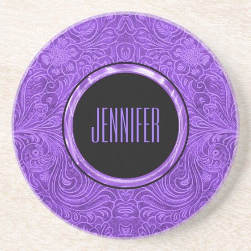 Monogramed Purple Suede Leather Look Floral Design Coaster