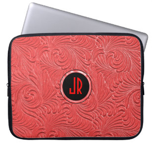 Monogramed Red Embossed Floral Damasks Laptop Sleeve