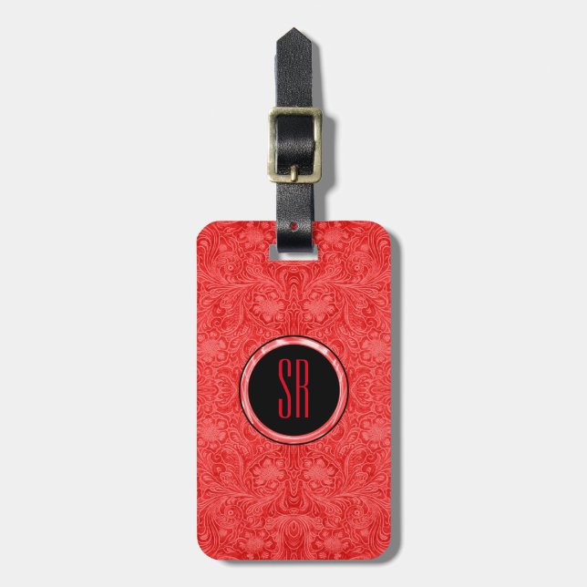 Monogramed Red Faux Suede Leather Look Luggage Tag (Front Vertical)