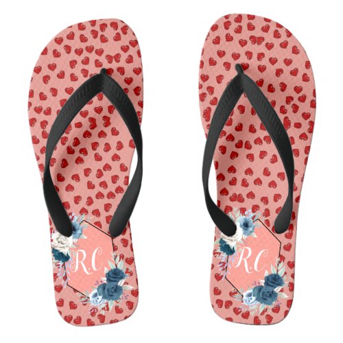 monogramed Red hearts pattern on pink Flip Flops