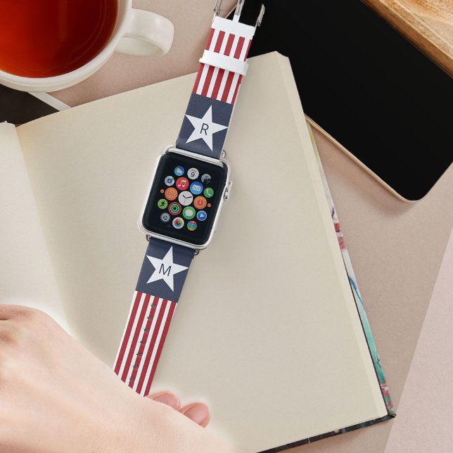 Monogramed  Red White and Blue Stars and Stripes Apple Watch Band (Creator Uploaded)