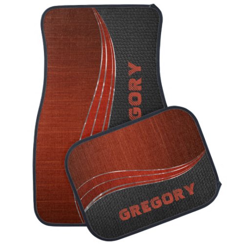 Monogramed Red Wood Texture Gray Leather Car Mat