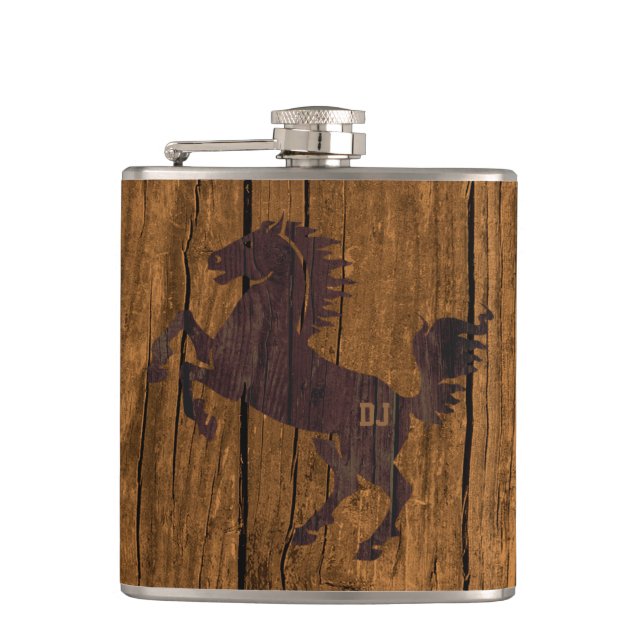 Monogramed Rustic Wood Look Horse Flask (Front)