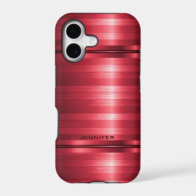 Monogramed Shiny Metallic Red Stripes Case-Mate iPhone Case (Back)