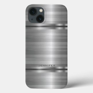 Monogramed Shiny Metallic Silver Gray Stripes Case