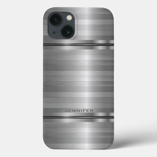 Monogramed Shiny Metallic Silver Gray Stripes Case (Back)
