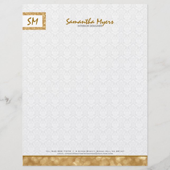 Monogramed Simple Gold Glitter White Damasks Letterhead (Front)
