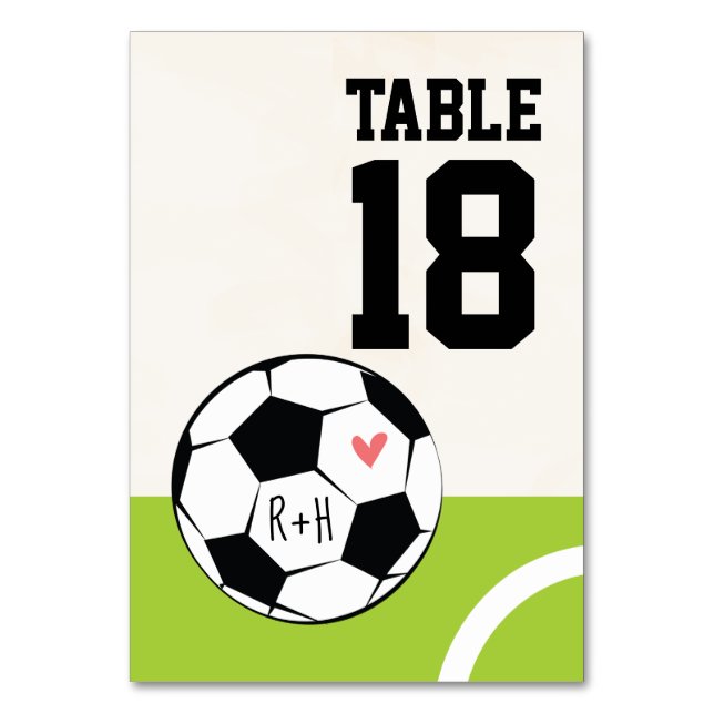 Monogramed Soccer Ball Heart Table Number Cards (Front)
