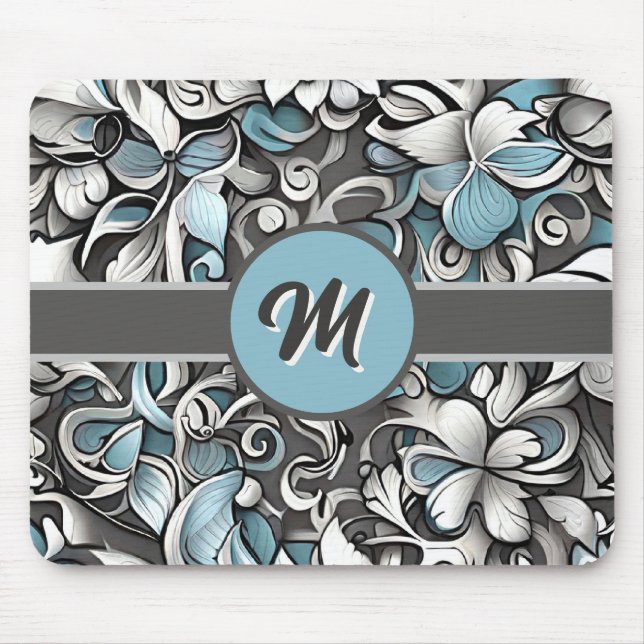 Monogramed Teal Gray Abstract  Mouse Pad (Front)