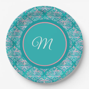 Monogramed Teal Pattern Napkins Paper Plates