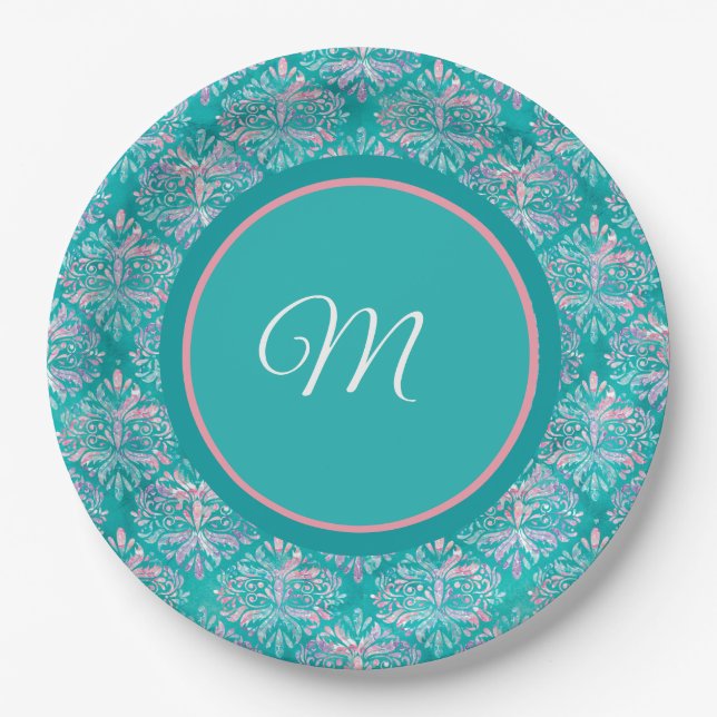 Monogramed Teal Pattern Napkins Paper Plates (Front)