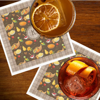 Monogramed Thanksgiving Harvest Pattern with Plaid Napkins