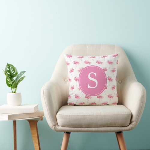 Monogramed Tropical Pink Flamingo Pattern Throw Pillow