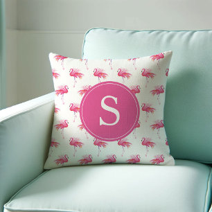 Monogramed Tropical Pink Flamingo Pattern Throw Pillow