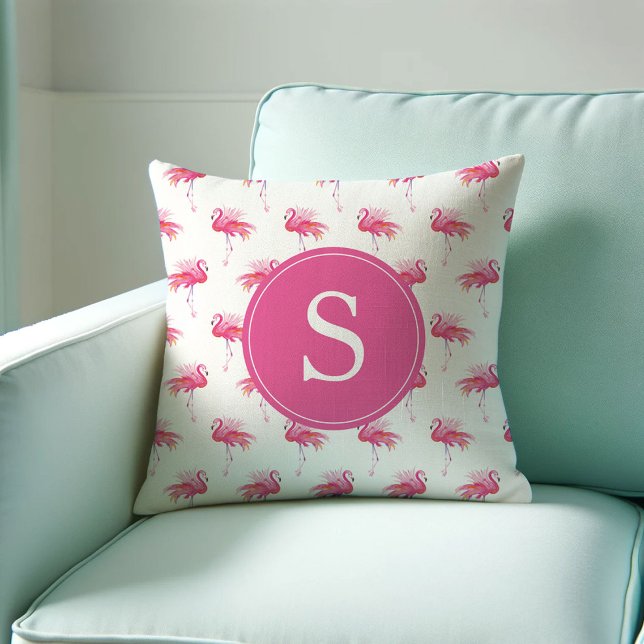 Monogramed Tropical Pink Flamingo Pattern Throw Pillow (Personalized gifts for her monogrammed pink flamingo pillow. Watercolor art by Victoria Grigaliunas)