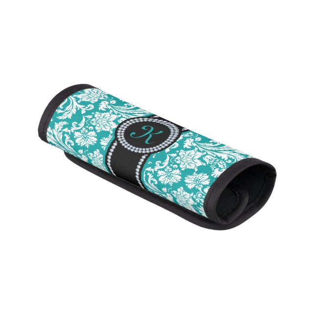 Monogramed Turquoise And White Damasks Pattern Luggage Handle Wrap (Angled)