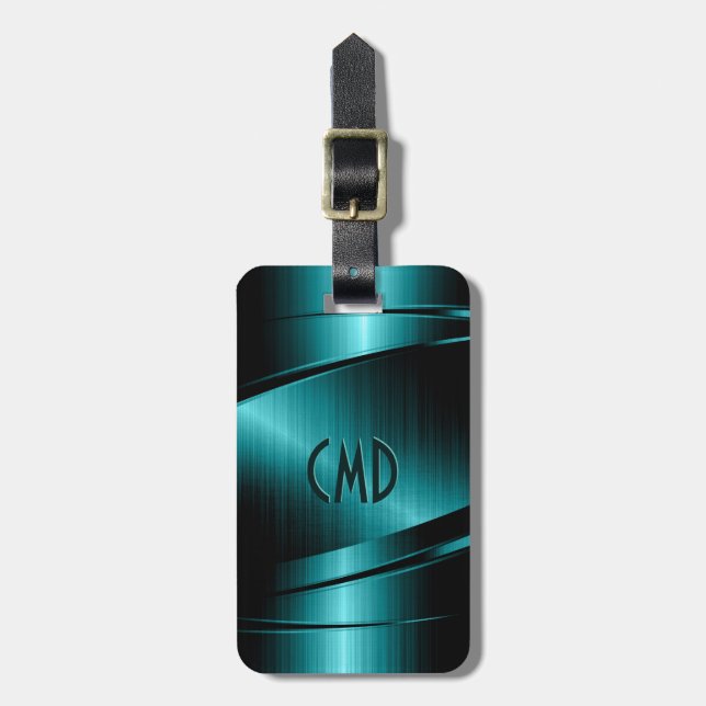 Monogramed Turquoise Green Faux Metallic Design Luggage Tag (Front Vertical)