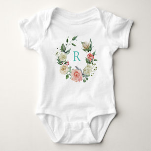 Monogramed very pretty watercolour floral wreath baby bodysuit