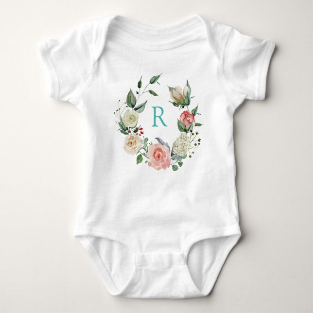 Monogramed very pretty watercolour floral wreath baby bodysuit (Front)