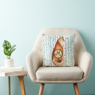 Monogramed Vintage Fox Birch Tree Pillow