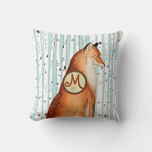Monogramed Vintage Fox Birch Tree Pillow