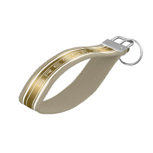 Monogramed White And Gold Stripes Pattern Wrist Keychain