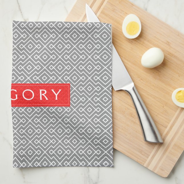 Monogramed White And Gray Geometric Pattern Kitchen Towel (Quarter Fold)