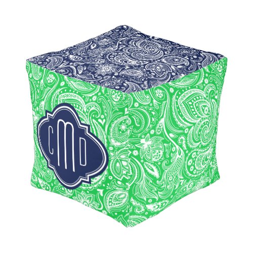 Monogramed White Blue  Bright Green Paisley 2 Pouf