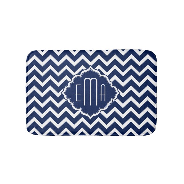Monogramed White & Blue Geometric Zigzag Chevron Bathroom Mat (Front)