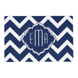 Monogramed White & Blue Geometric Zigzag Chevron Placemat