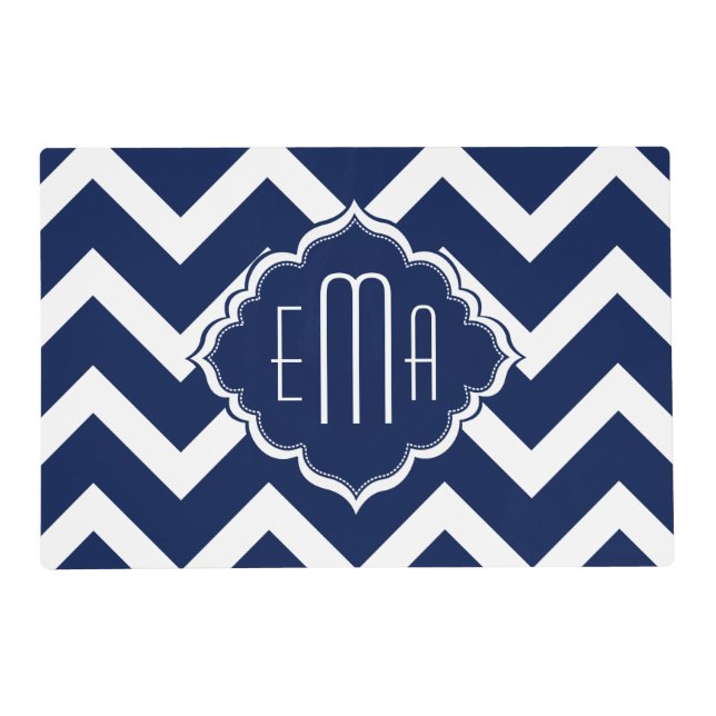 Monogramed White & Blue Geometric Zigzag Chevron Placemat (Front)
