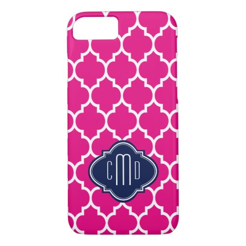 Monogramed White Blue  Hot Pink Quatrefoil iPhone 87 Case