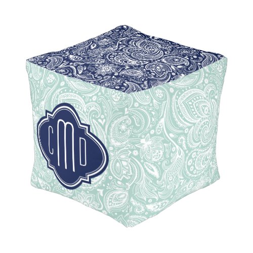 Monogramed White Blue  Mint paisley Pattern Pouf