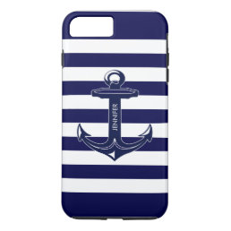 Monogramed White &amp; Blue Stripes, Nautical Anchor iPhone 8 Plus/7 Plus Case