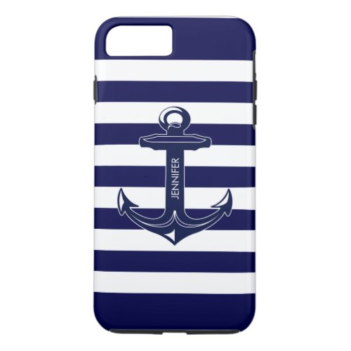 Monogramed White  Blue Stripes Nautical Anchor iPhone 8 Plus7 Plus Case