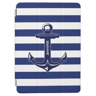 Monogramed White & Blue Stripes, Nautical Anchor iPad Air Cover