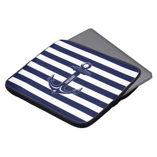 Monogramed White  Blue Stripes Nautical Anchor Laptop Sleeve